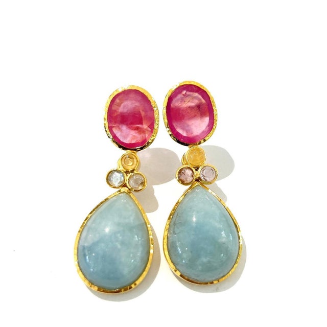 Bochic "Orient" Multi Sapphire, Aquamarine & Ruby Earrings Set 18K Gold&Silver For Sale - Image 11 of 18