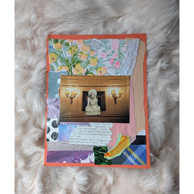 8.5" x 11" A mixed media analog collage made of recycled fabric and paper in a maximalist style.