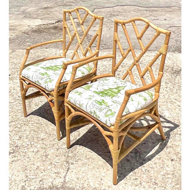 Vintage Coastal Chinese Chippendale Rattan Armchairs – A Pair For Sale In West Palm - Image 6 of 12