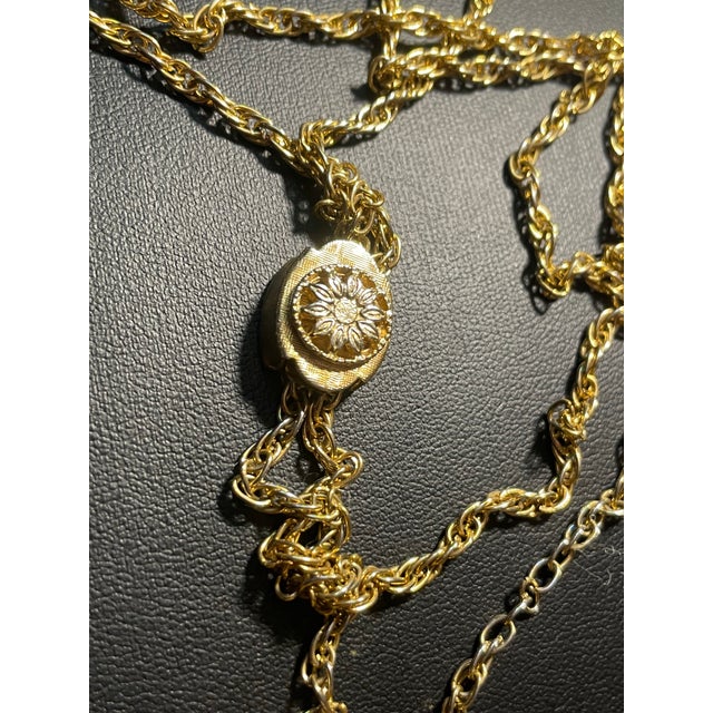 MCM Jewelry Victorian Revival Adjustable Lariat Necklace Features a Gold-Tone Twisted Double Rope Chain With Floral-Embossed Sliding Tension Clip. For Sale In South Bend - Image 6 of 7