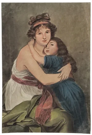 Fine Pastel Portrait of a Young Mother and Daughter Early to Mid 20th Century
