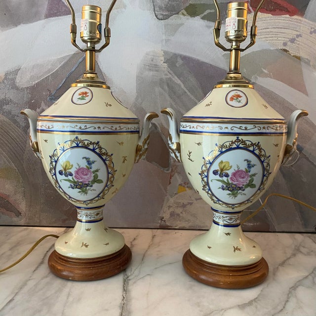 Metal Vintage Late 20th Century Chelsea Style Hand Painted Floral Medallion Urn Style Lamps - a Pair For Sale - Image 7 of 9