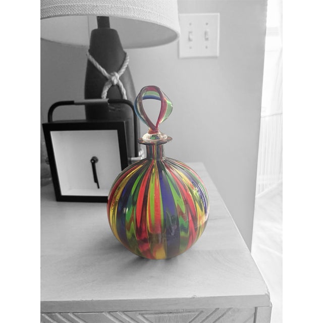 Murano Hand Blown Multicolor Striped Art Glass Decorative Bottle Venice For Sale - Image 4 of 7