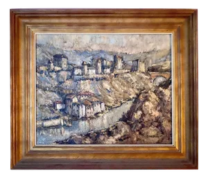 Castle with Village, Spain, 1950, Canvas, Framed