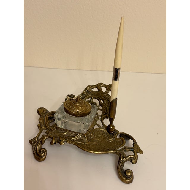 1980s 1980s Large Brass and Glass Inkwell, No Pen Included For Sale - Image 5 of 5