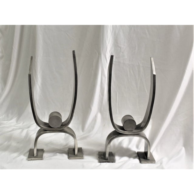 Silver 1990s Mid-Century Modern Andirons Antique Silver Finish - a Pair For Sale - Image 8 of 8