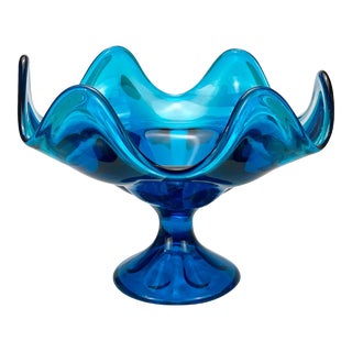 Mid-Century Atomic Viking Art Glass Bluenique Swung Compote Bowl For Sale
