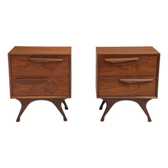 Mid Century Sculptural Walnut Japanese Nightstands a Pair Albert Parvin Vladimir Kagan United Furniture Corp For Sale