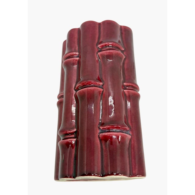 1950s 1950’s Red Wing Usa Burgundy Bamboo Ceramic 7.5” Tall Vase #400 Light Grey Interior For Sale - Image 5 of 12