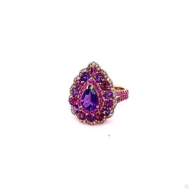2020s 3.57 Ct Amethyst, Garnet, Pink Sapphire, Diamond 14k Rose Gold Cocktail Ring, Size 7 For Sale - Image 5 of 5