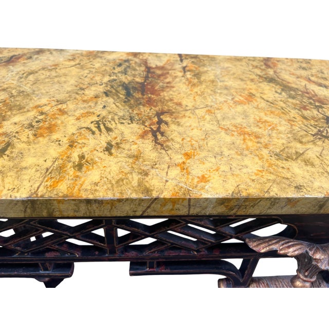 1990s Chinese Chippendale Chinoserie Faux Marble Top Console / Sofa Tables a Pair For Sale - Image 11 of 18