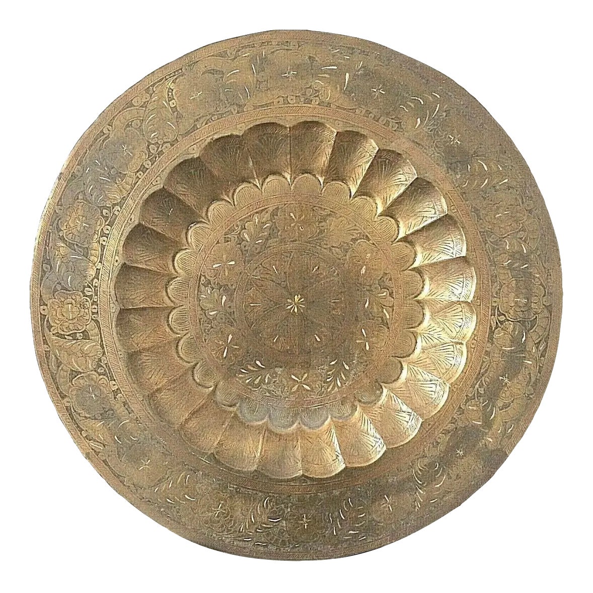 Vintage Etched Brass Round Table Top Tray Chairish