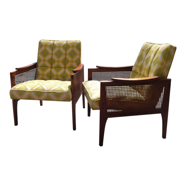 Mid-Century Walnut Cane Arm Chairs - Pair | Chairish