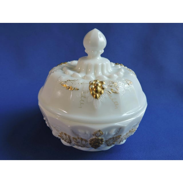 1950s Vintage 1950's Westmoreland Milk Glass Gilded Paneled Grape Round Covered Candy Dish For Sale - Image 5 of 9