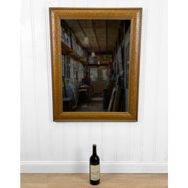 Original 1920's Traditional Oak Wall Mirror Solid Oak Frame with Embossed Floral Motif 26" x 32" Ready to Hang Vertical or...