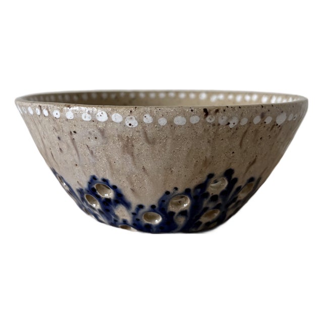 American Studio Pottery Colander Bowl in Cobalt Blue and Cream, New York For Sale