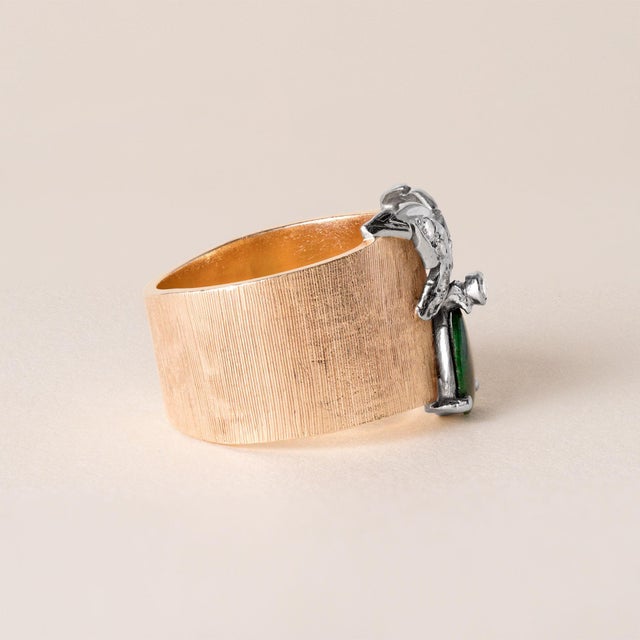 Vintage Midcentury Jade and Diamond Butterfly Wide Band Ring 14k Gold, Size 6.25 For Sale - Image 4 of 7