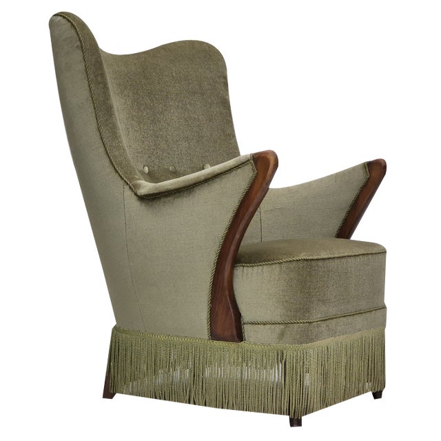 Scandinavian Armchair in Velour with Beech Wood Legs, 1960s For Sale