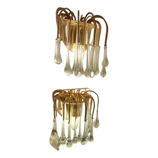 Vintage Wall Lamps with Gold-Plated Brass Brackets and Crystal Glass Drop Pendants, 1970s, Set of 2 For Sale