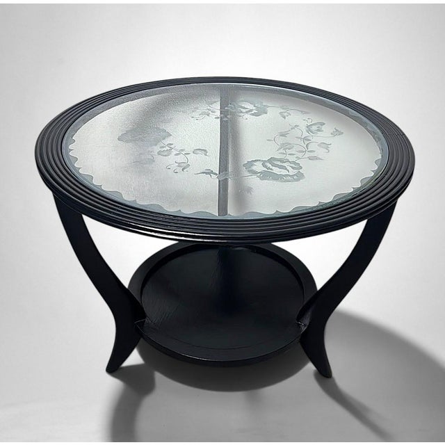 Italian Mid 20th Century Paolo Buffa Style Black Ebonized Italian Art Deco Side Table Ground Glass Top For Sale - Image 3 of 18