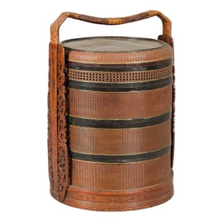 Vintage Chinese Rattan Wedding Basket with Carved Handle and Nested Containers For Sale