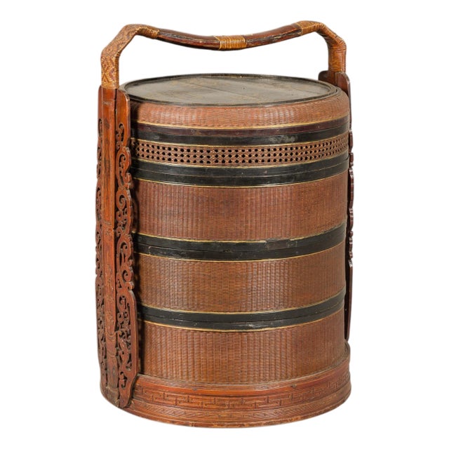 Vintage Chinese Rattan Wedding Basket with Carved Handle and Nested Containers For Sale