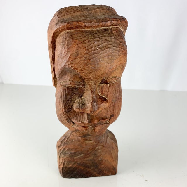 Stunning vintage hand carved wooden sculpture of girl with ponytail. Amazing facial details. Back signed MD. Beautiful...