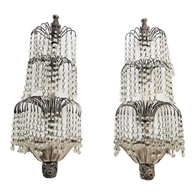 French Art Deco Tiered Crystal Wall Sconces Attributed to Sue Et Mare - a Pair For Sale