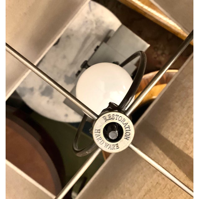 Pair of Restoration Hardware Rectangular Column Table Lamps Bronze Finish, With Rh Sand Linen Shades White Lining For Sale In Los Angeles - Image 6 of 6