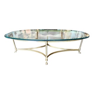 Vintage Hollywood Regency La Barge Style Hoof Foot Brass and Glass Oval Coffee Table For Sale