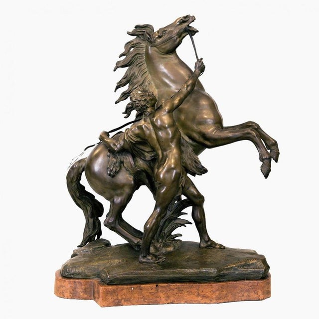After Guillaume Coustou the Elder, The Marly Horses, France, 19th Century, Bronze and Marble, Set of 2 For Sale - Image 5 of 6