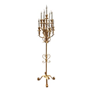 Early 20th Century Italian Metal Gold Gilt Cadelabra Floor Lamp For Sale