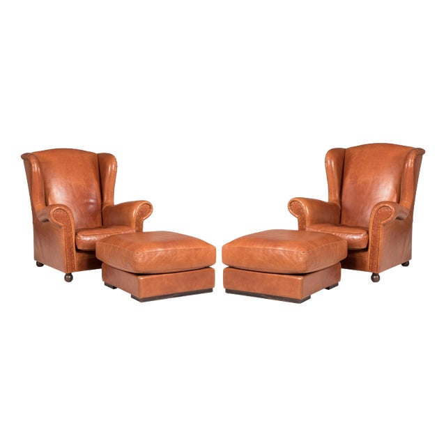 Leather Chairs with Ottomans from Baxter, Set of 4 For Sale