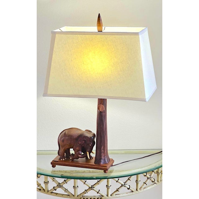 Vintage 1960s Thai Hand-Carved Teak Elephant Table Lamp For Sale - Image 4 of 18
