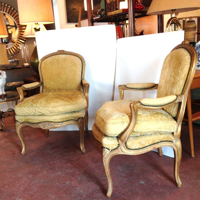 20th Century French Crushed Velvet Gilt Framed Chairs A Pair