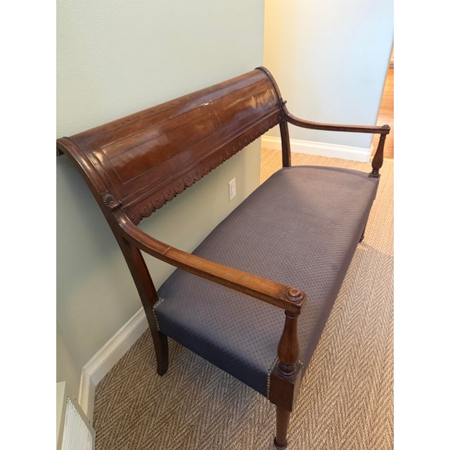 French Directoire style banquette late 18th century. French neoclassicism, magohany, upholstered by Yves Halard, Paris in...