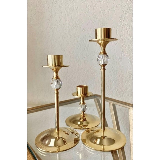 Late 20th-Century Hollywood Regency-Style Brass & Crystal Graduated Candlestick Trio, Hong Kong For Sale - Image 14 of 16