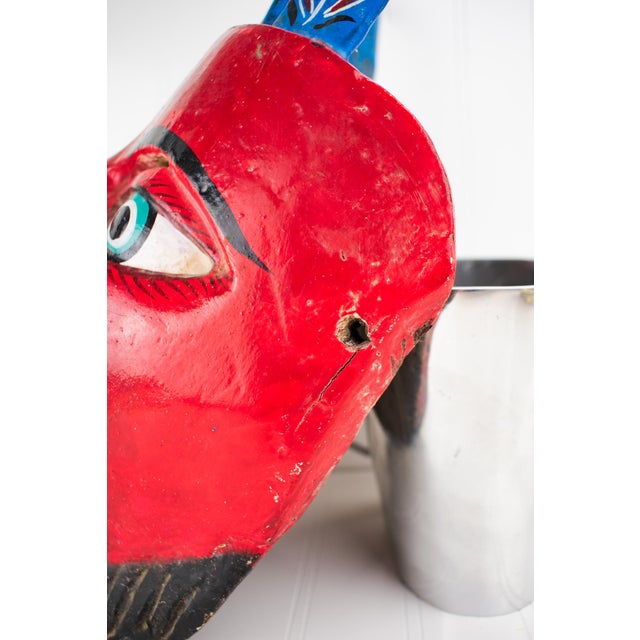 Large Vintage Hand Carved Red Diablo Costume Mask With Beard & Blue Feathers For Sale - Image 9 of 18