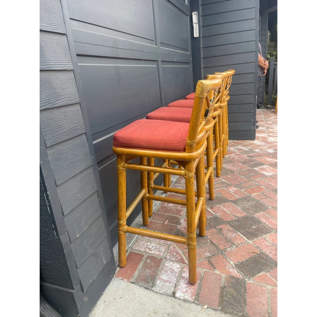 Wood Set of Five McGuire Bar Stools For Sale - Image 7 of 9