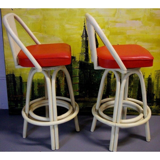 1960's Rattan Retro Mod Bamboo Cane Back Swivel Bar Stools Pair For Sale - Image 4 of 6