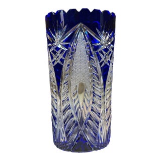1960s German Cut to Clear Cobalt Oval Starburst Vase For Sale