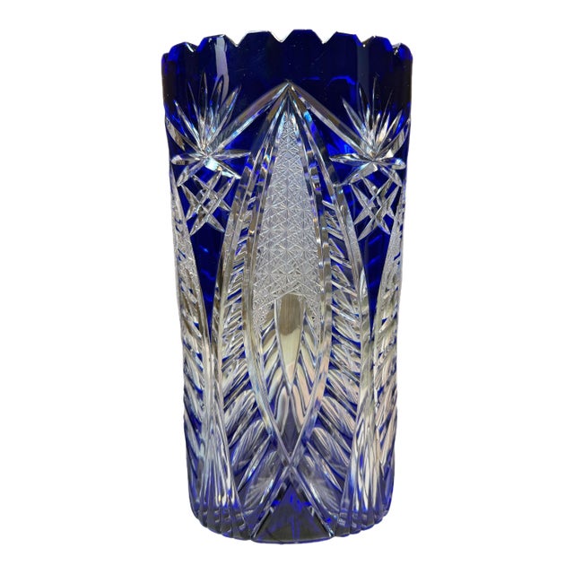 1960s German Cut to Clear Cobalt Oval Starburst Vase For Sale