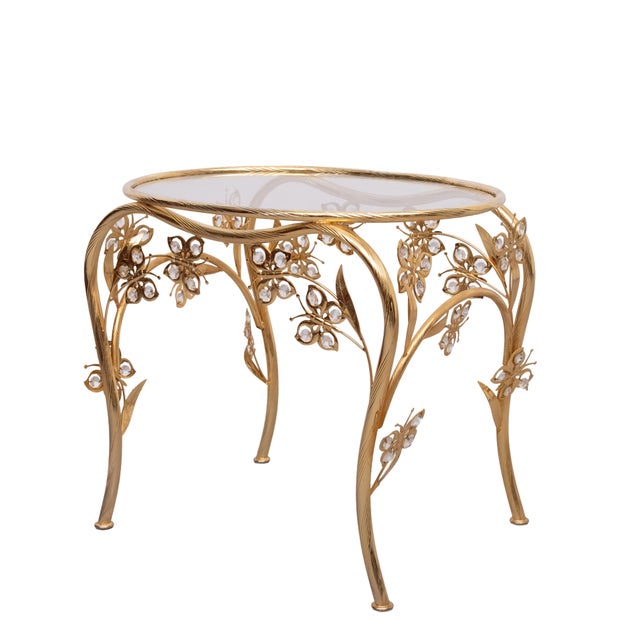 Hollywood Regency Hollywood Regency Oval Brass and Crystal Butterfly Side Table, 1980s For Sale - Image 3 of 8