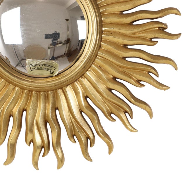 Glass Vintage Gold-Leaf Gilt Sunburst Convex Mirror, 1960s For Sale - Image 7 of 18