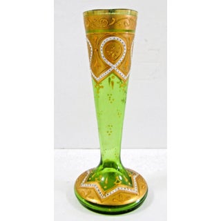 Antique Bohemian Moser-Style Green Glass Stick Vase Gold Gilding and Enamel For Sale