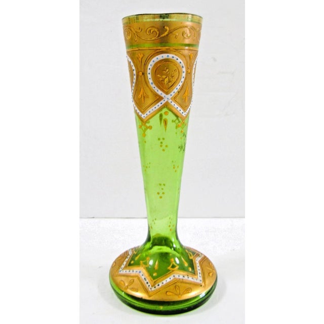 Antique Bohemian Moser-Style Green Glass Stick Vase Gold Gilding and Enamel For Sale