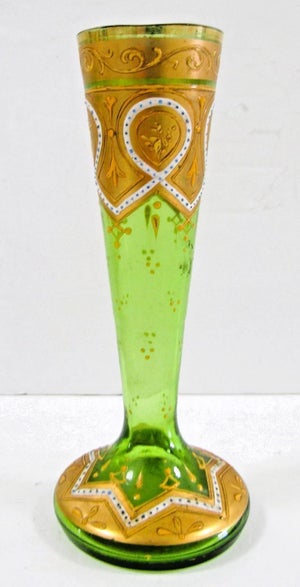 Antique Bohemian Moser-Style Green Glass Stick Vase Gold Gilding and Enamel