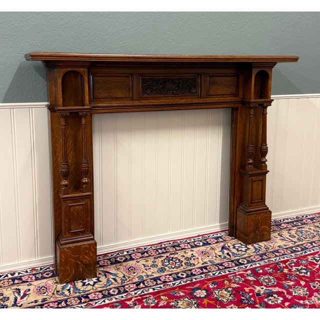 Traditional Antique English Fireplace Mantel Surround Renaissance Revival Oak c.1920s-30s For Sale - Image 3 of 18