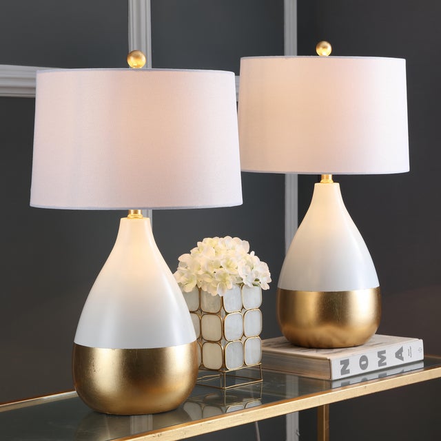 Metal 24 Inch H Table Lamp in White & Gold - a Pair For Sale - Image 7 of 8