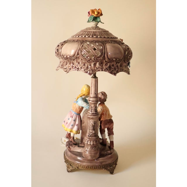 Brass Vintage Italian Capodimonte Porcelain Lamp With Pierced Shade For Sale - Image 8 of 11